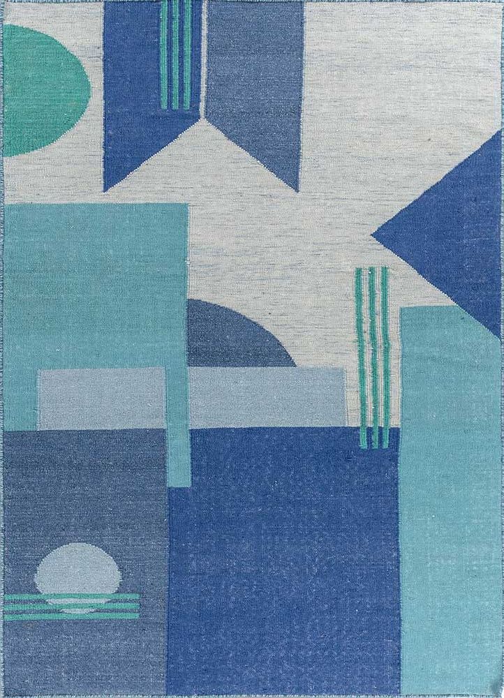 checkers blue wool flat weaves Rug - HeadShot