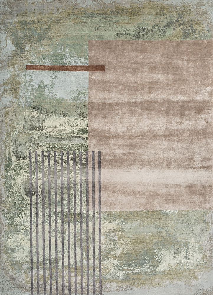 aakar by kavi green wool and bamboo silk hand knotted Rug - HeadShot