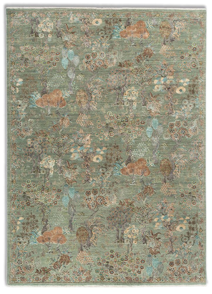 far east green wool and silk hand knotted Rug - HeadShot