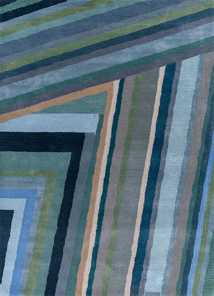 linear blue wool and viscose hand tufted Rug - HeadShot