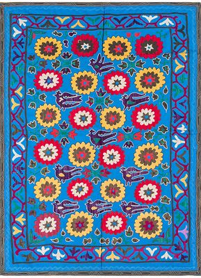 embroidered suzani fabric blue cotton hand loom Rug