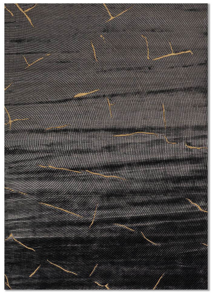 Azalea Grey & Black Hand Knotted Bamboo Silk & Zari Rugs - Aibz