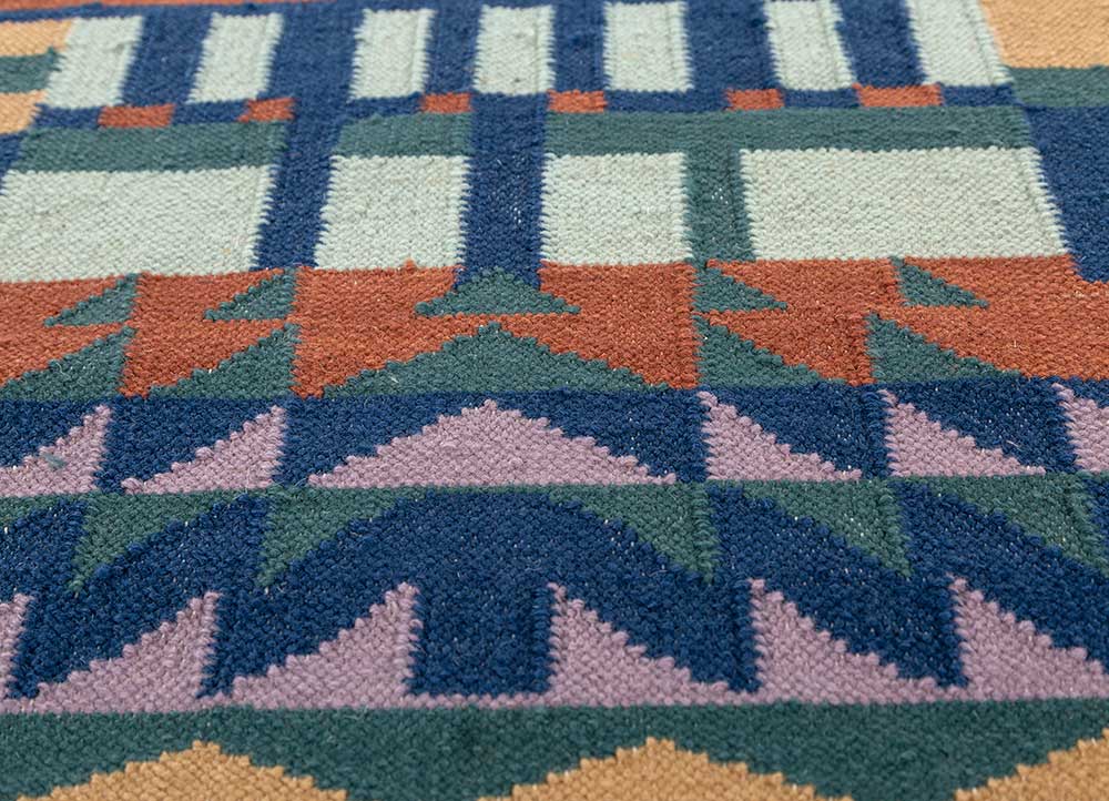 checkers blue wool flat weaves Rug - CloseUp