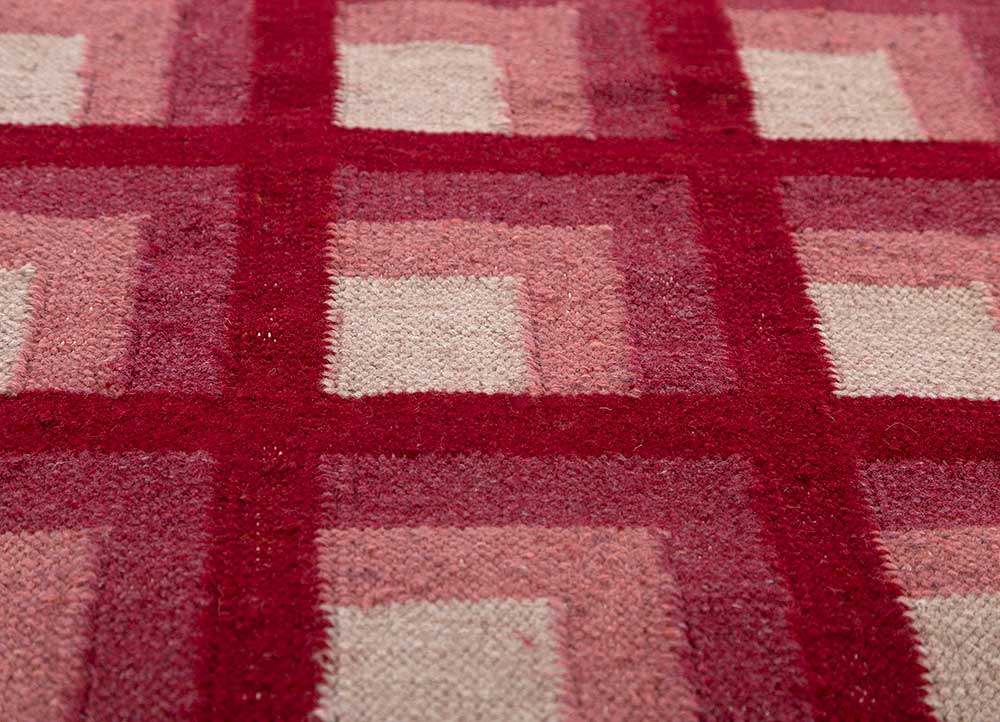 checkers red and orange wool flat weaves Rug - CloseUp