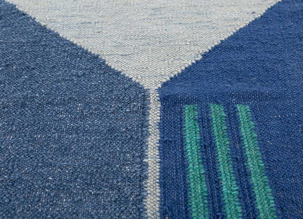 checkers blue wool flat weaves Rug - CloseUp