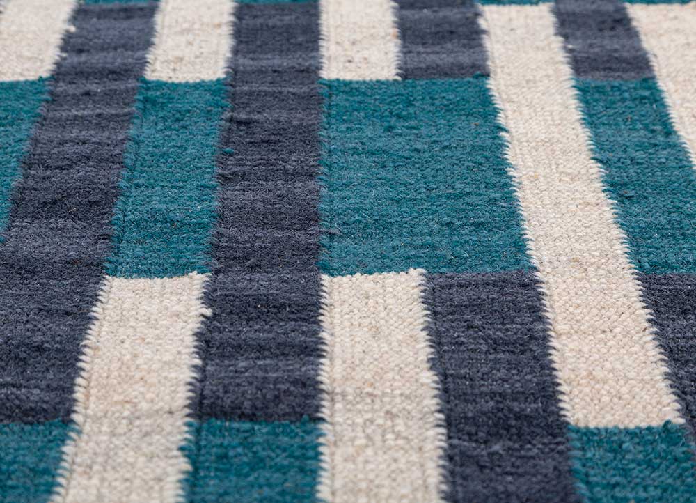 checkers blue wool flat weaves Rug - CloseUp