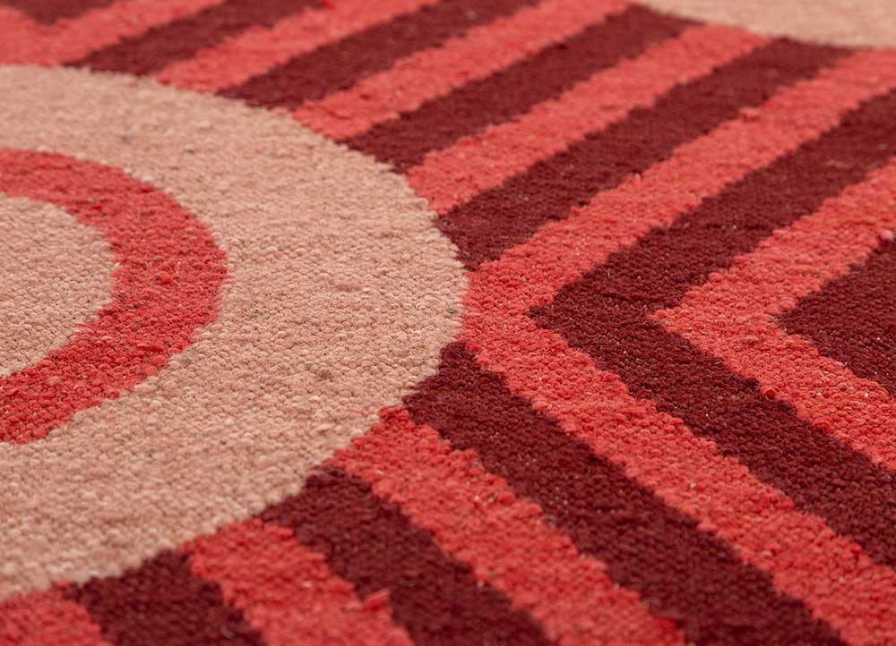 checkers red and orange wool flat weaves Rug - CloseUp