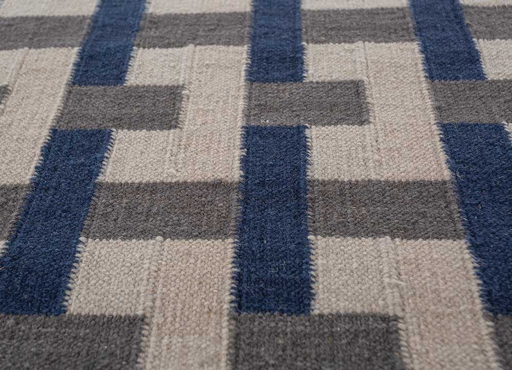 checkers blue wool flat weaves Rug - CloseUp