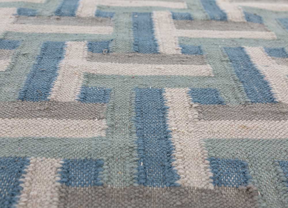 checkers blue wool flat weaves Rug - CloseUp