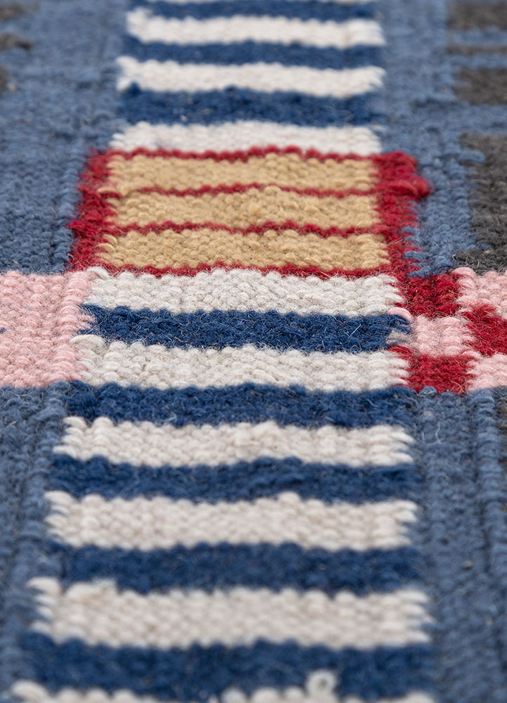checkers blue wool flat weaves Rug - CloseUp