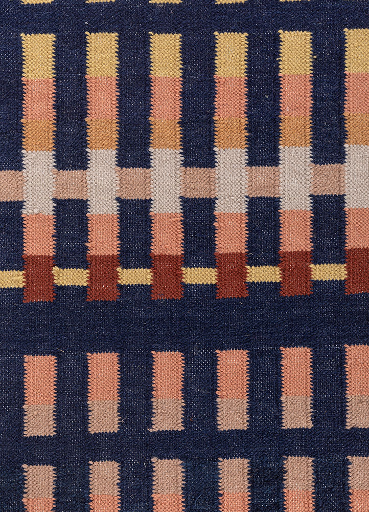 checkers blue wool flat weaves Rug - CloseUp