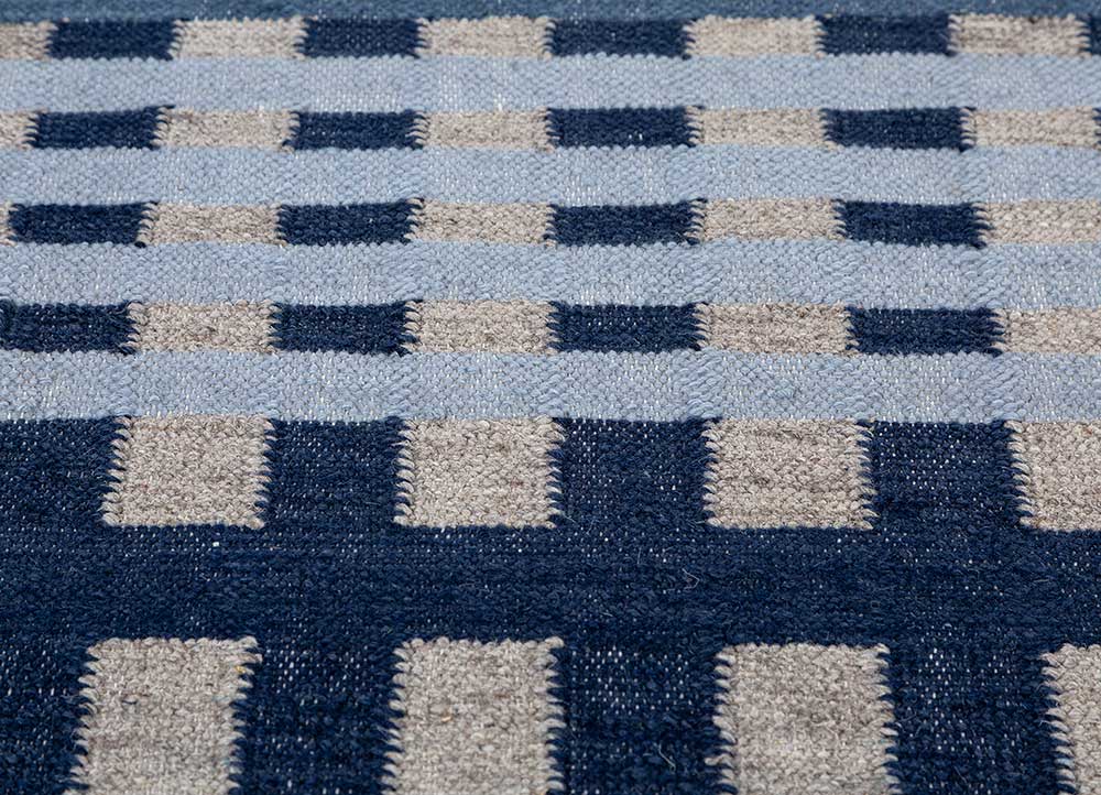 checkers blue wool and viscose flat weaves Rug - CloseUp