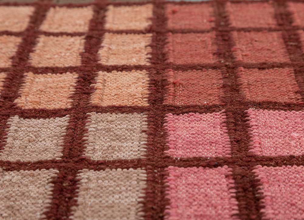 checkers red and orange wool and viscose flat weaves Rug - CloseUp