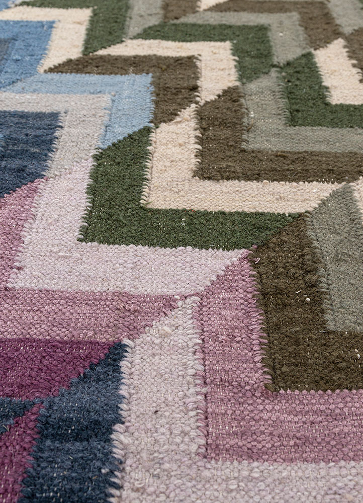 checkers blue wool and viscose flat weaves Rug - CloseUp