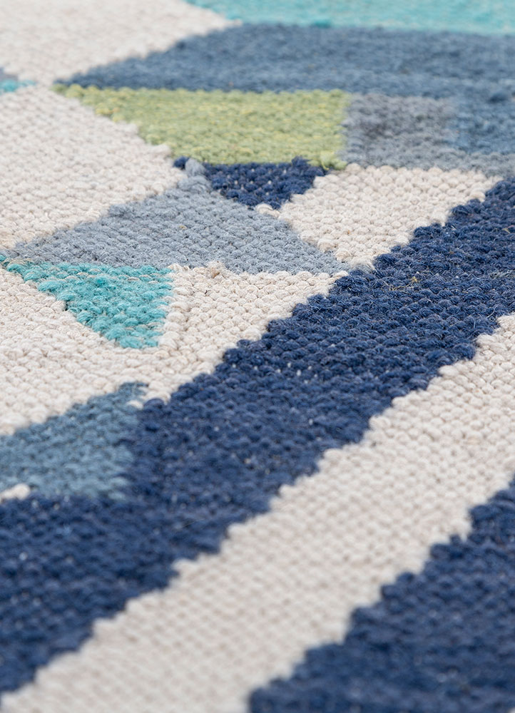 checkers blue wool and viscose flat weaves Rug - CloseUp