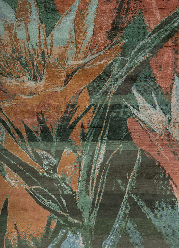 pansy beige and brown silk hand knotted Rug - CloseUp