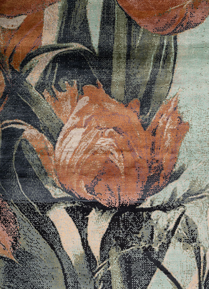 pansy ivory silk hand knotted Rug - CloseUp