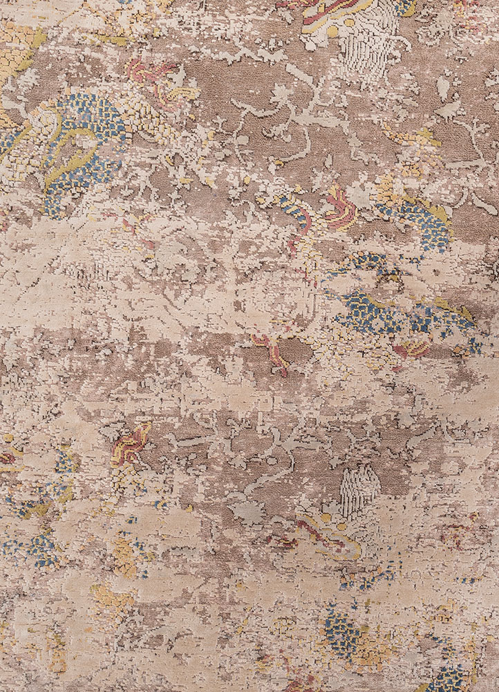 far east beige and brown wool and silk hand knotted Rug - CloseUp
