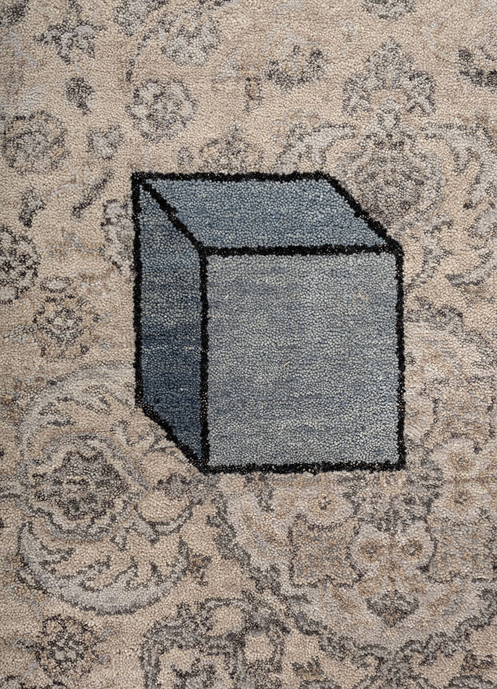 playing with tradition grey and black wool and silk hand knotted Rug - CloseUp