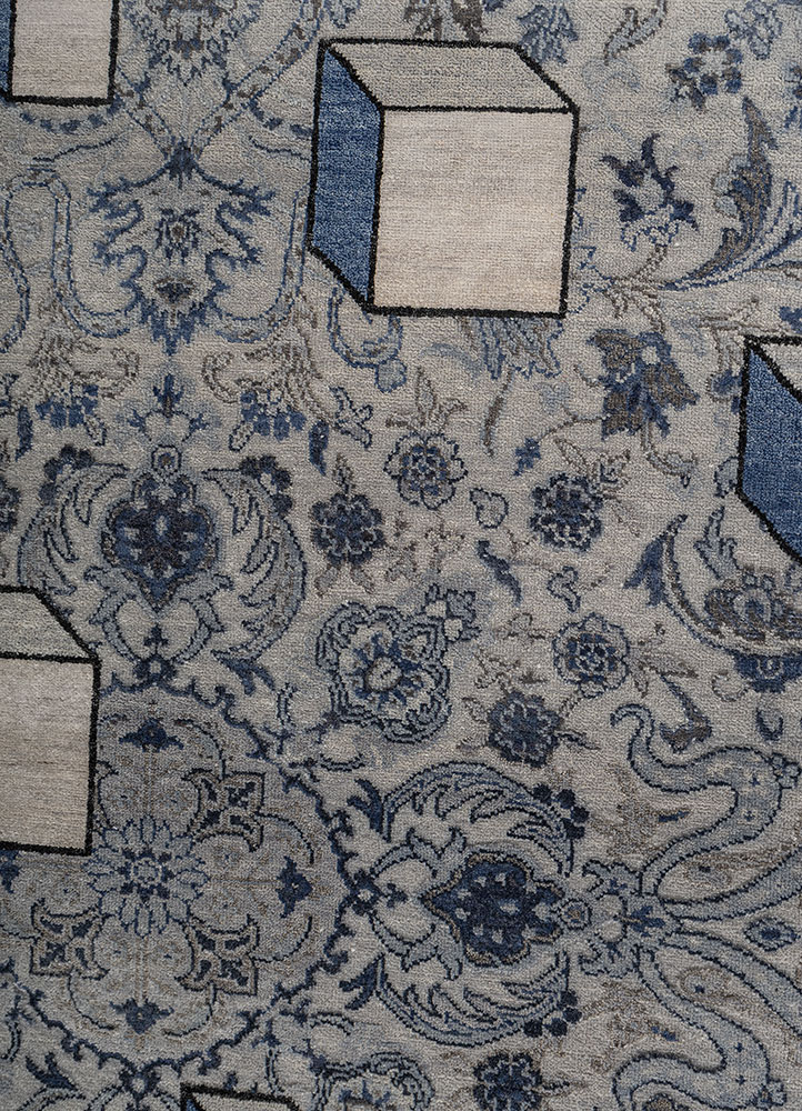 playing with tradition blue wool and silk hand knotted Rug - CloseUp