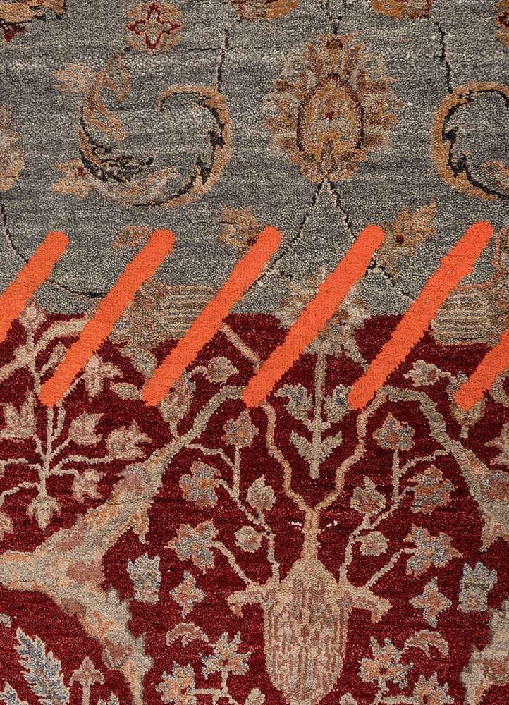 playing with tradition red and orange wool and silk hand knotted Rug - CloseUp
