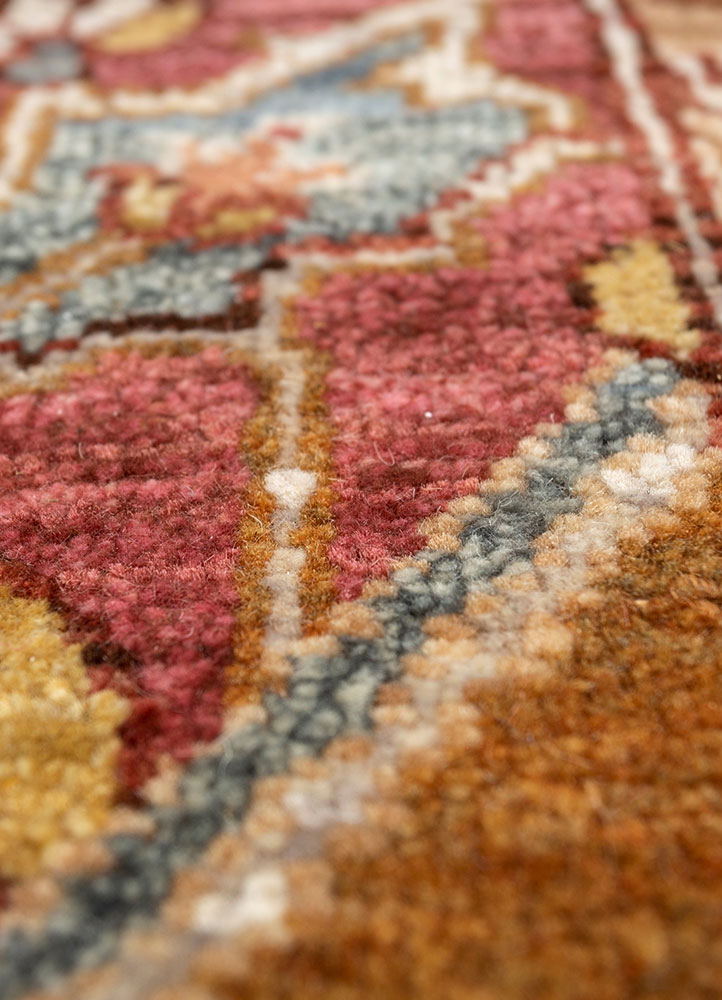 someplace in time red and orange afghan wool hand knotted Rug - CloseUp