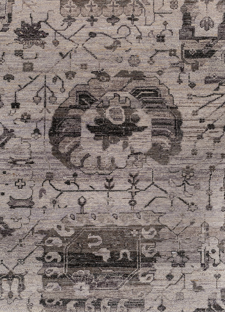 someplace in time grey and black afghan wool hand knotted Rug - CloseUp