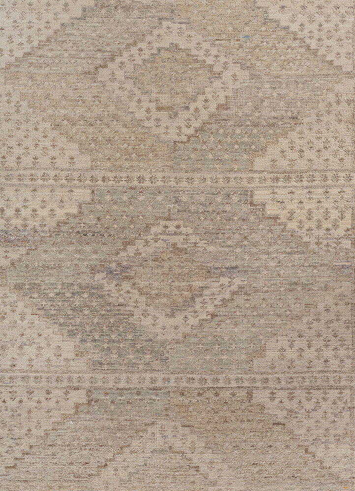 someplace in time beige and brown afghan wool hand knotted Rug - CloseUp