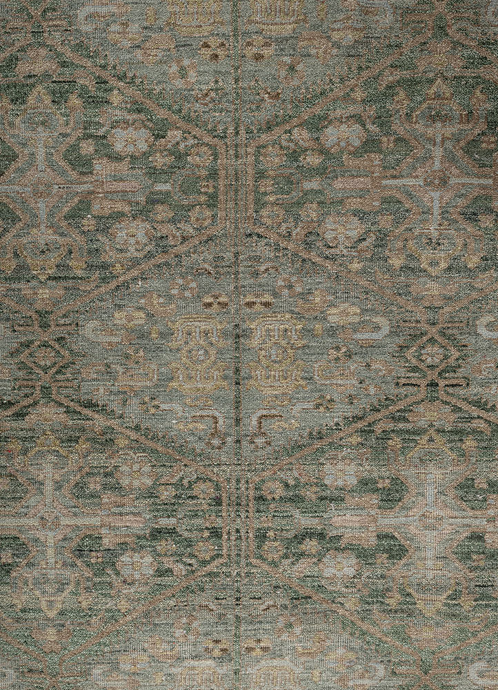someplace in time green afghan wool hand knotted Rug - CloseUp