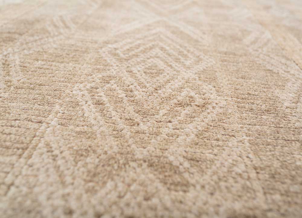 thyme beige and brown afghan wool and silk hand knotted Rug - CloseUp