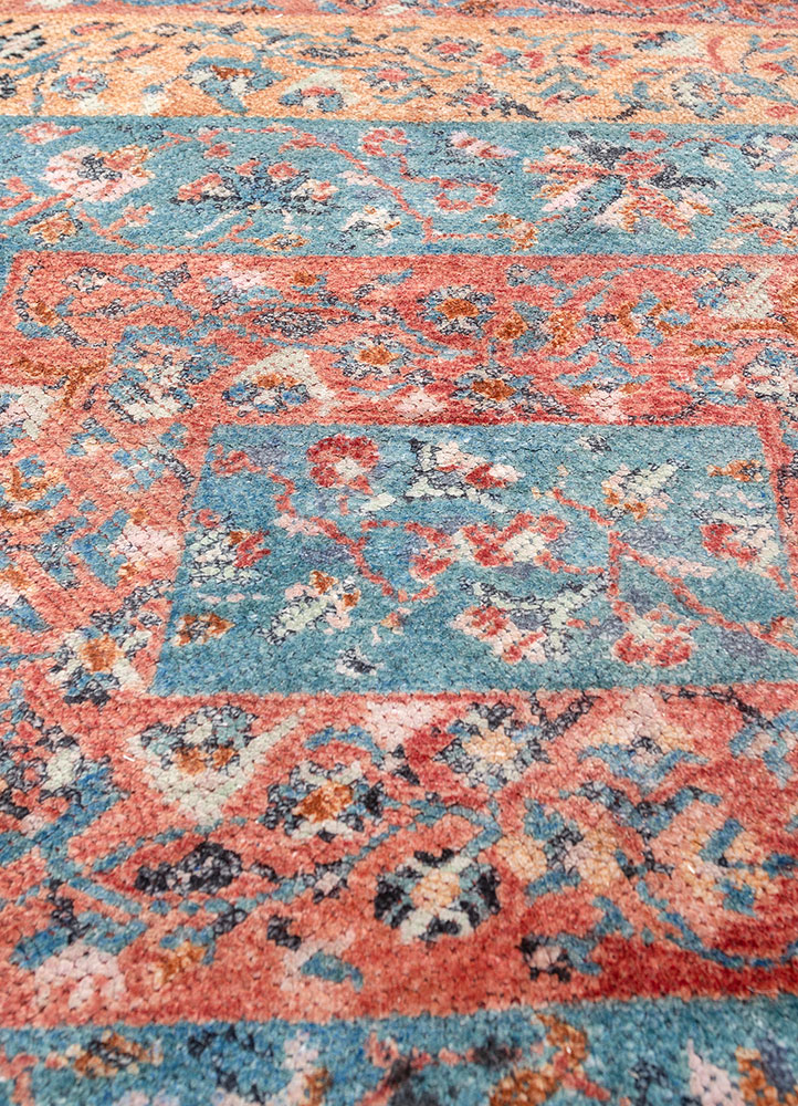far pavilions red and orange wool and silk hand knotted Rug - CloseUp