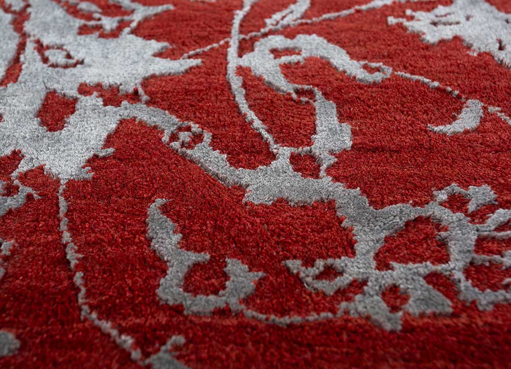 chaos theory by kavi red and orange wool and bamboo silk hand knotted Rug - CloseUp
