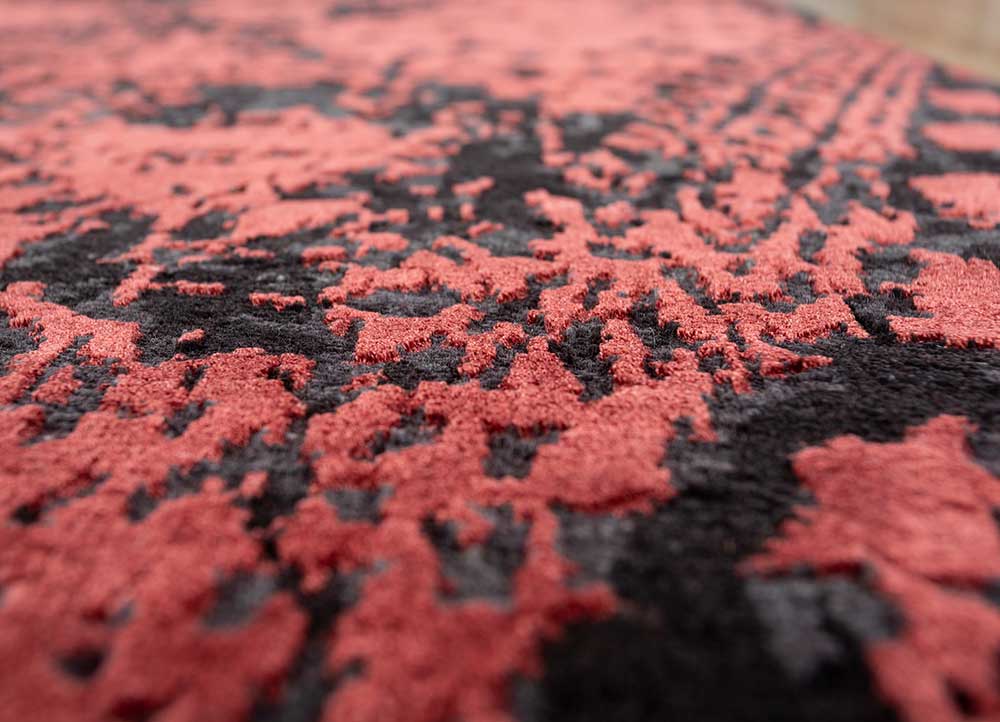 project error by kavi red and orange wool and bamboo silk hand knotted Rug - CloseUp