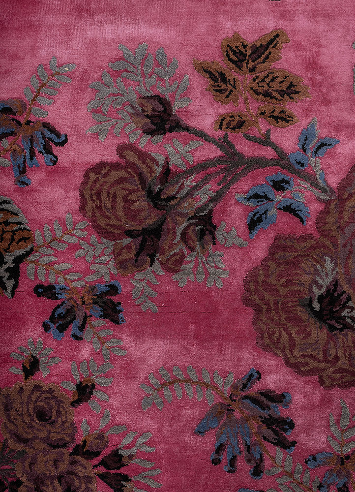 gilded age pink and purple wool and bamboo silk hand knotted Rug - CloseUp