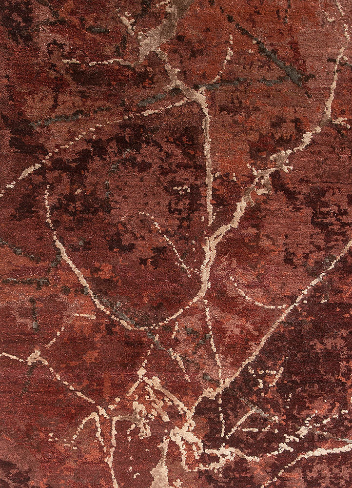 urban pause by kavi red and orange wool and bamboo silk hand knotted Rug - CloseUp