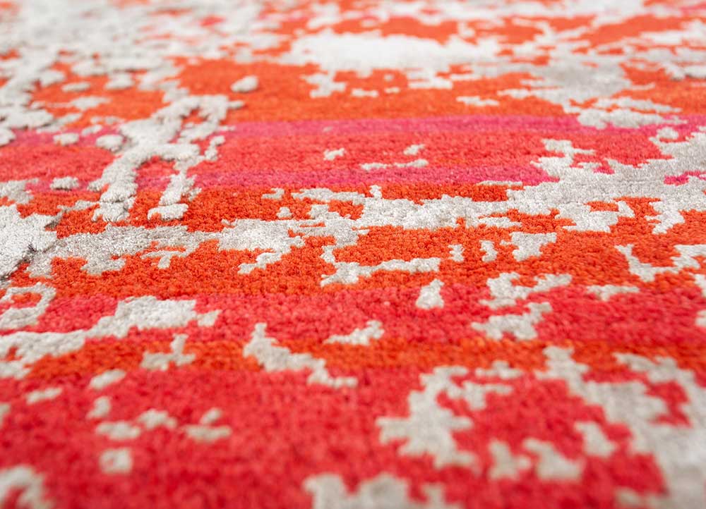 chaos theory by kavi red and orange wool and bamboo silk hand knotted Rug - CloseUp