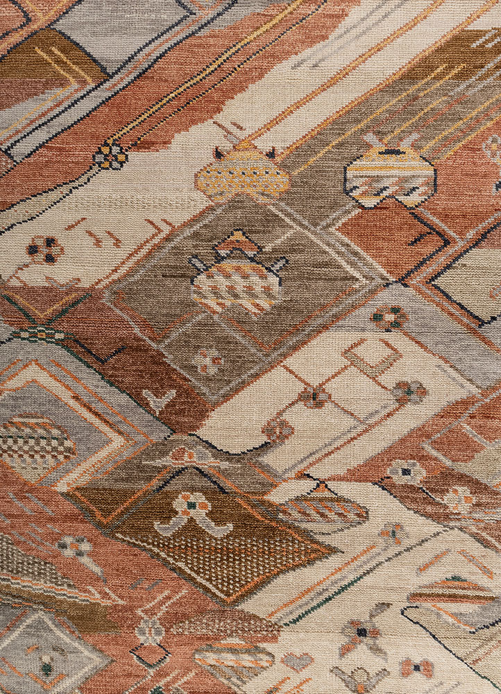 manchaha red and orange wool hand knotted Rug - CloseUp