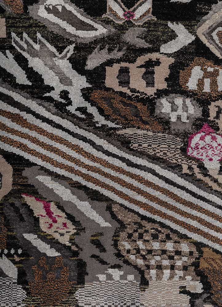 manchaha grey and black wool and bamboo silk hand knotted Rug - CloseUp