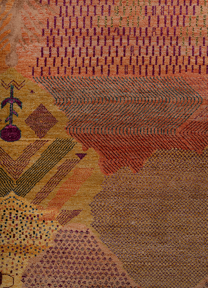 manchaha red and orange wool and bamboo silk hand knotted Rug - CloseUp