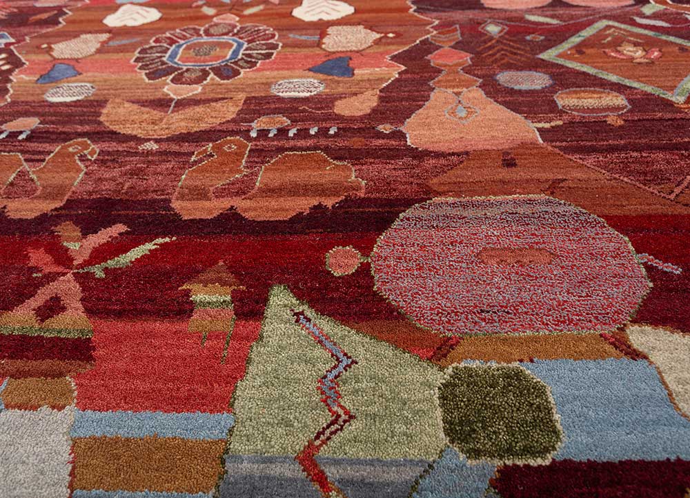 manchaha red and orange wool and bamboo silk hand knotted Rug - CloseUp