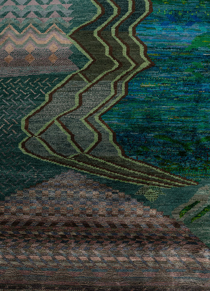 manchaha green wool and silk hand knotted Rug - CloseUp