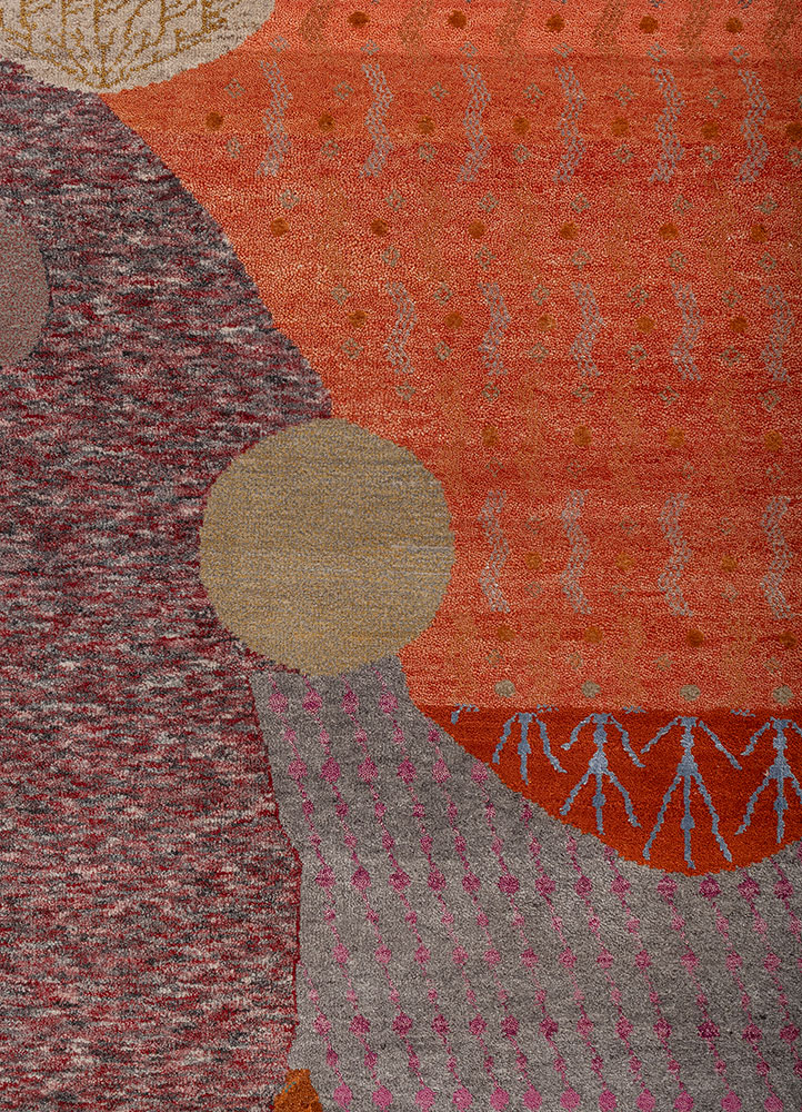 manchaha red and orange wool and bamboo silk hand knotted Rug - CloseUp