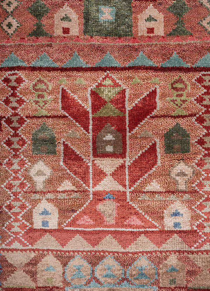 freedom manchaha red and orange wool and bamboo silk hand knotted Rug - CloseUp