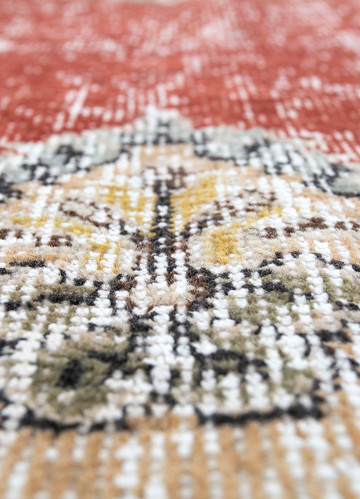 vintage red and orange wool hand knotted Rug - CloseUp