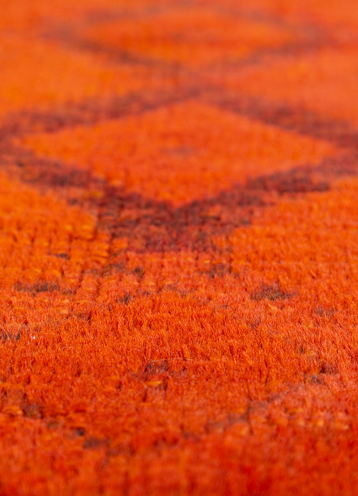 vintage red and orange wool hand knotted Rug - CloseUp