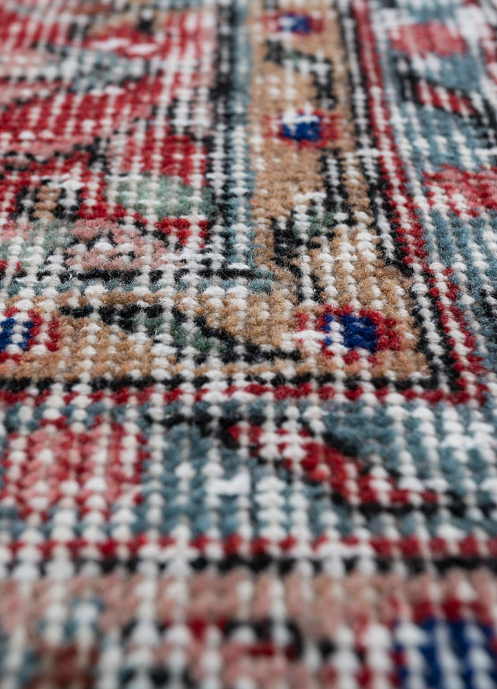 vintage red and orange wool hand knotted Rug - CloseUp