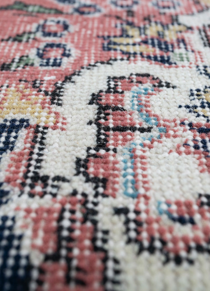vintage red and orange wool hand knotted Rug - CloseUp