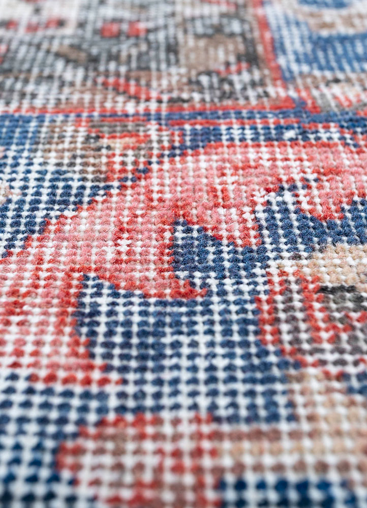 vintage red and orange wool hand knotted Rug - CloseUp