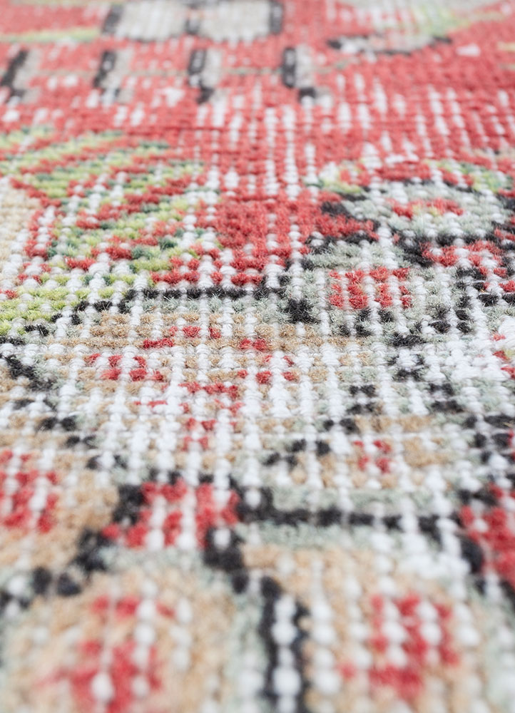 vintage red and orange wool hand knotted Rug - CloseUp