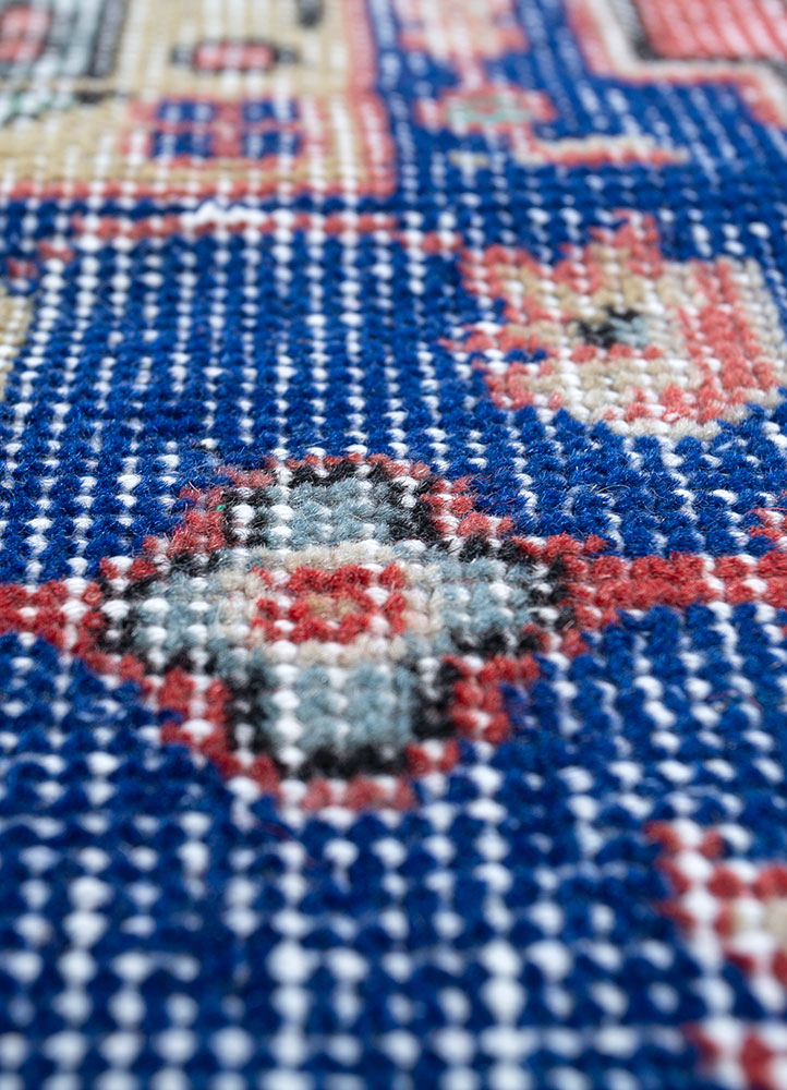 vintage red and orange wool hand knotted Rug - CloseUp